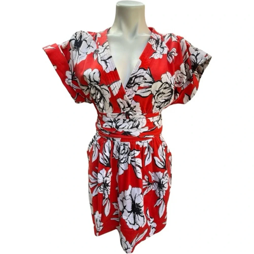 Marissa Webb Luciano Print Mini Wrap Dress Red Floral Belted Kimono Sleeve S